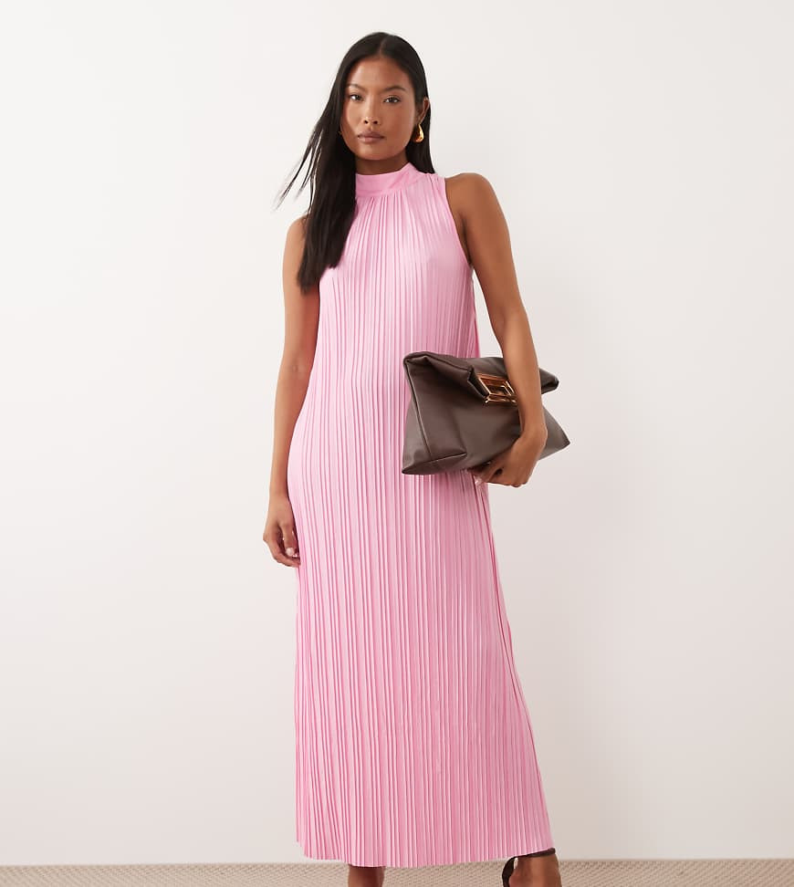 Vila Petite high neck plisse maxi dress in light pink | ASOS (Global)