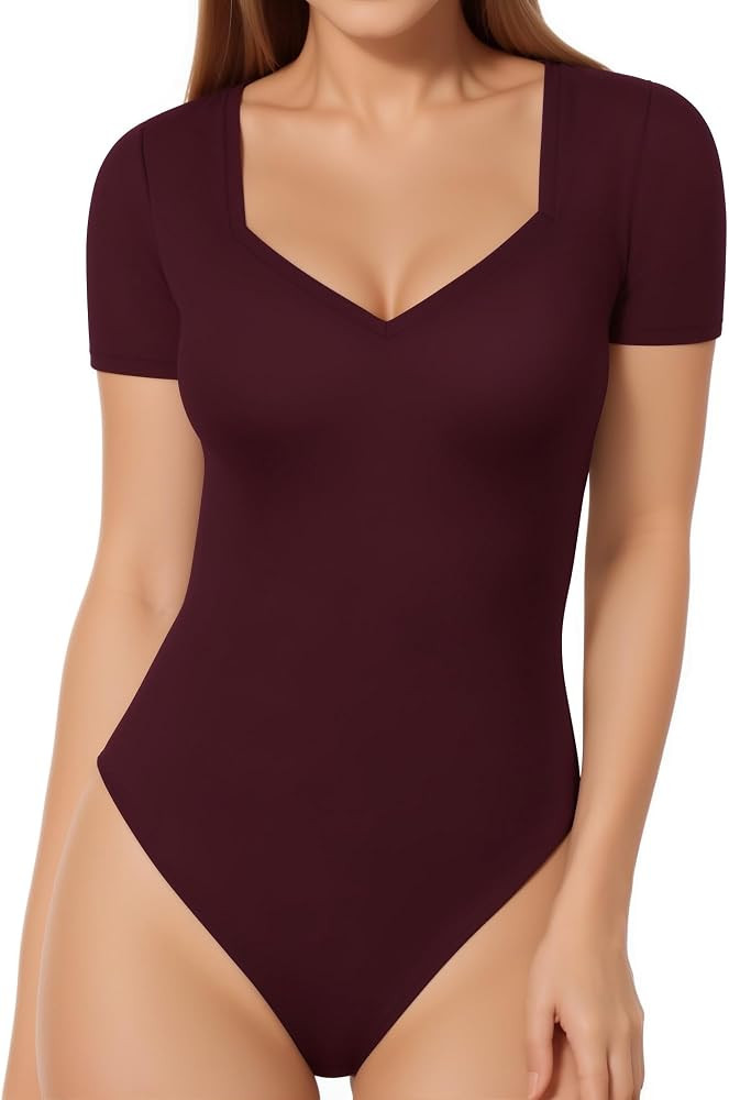 MANGOPOP Women's Sweetheart V Neck Short Long Sleeve Bodysuit Going Out Top | Amazon (US)