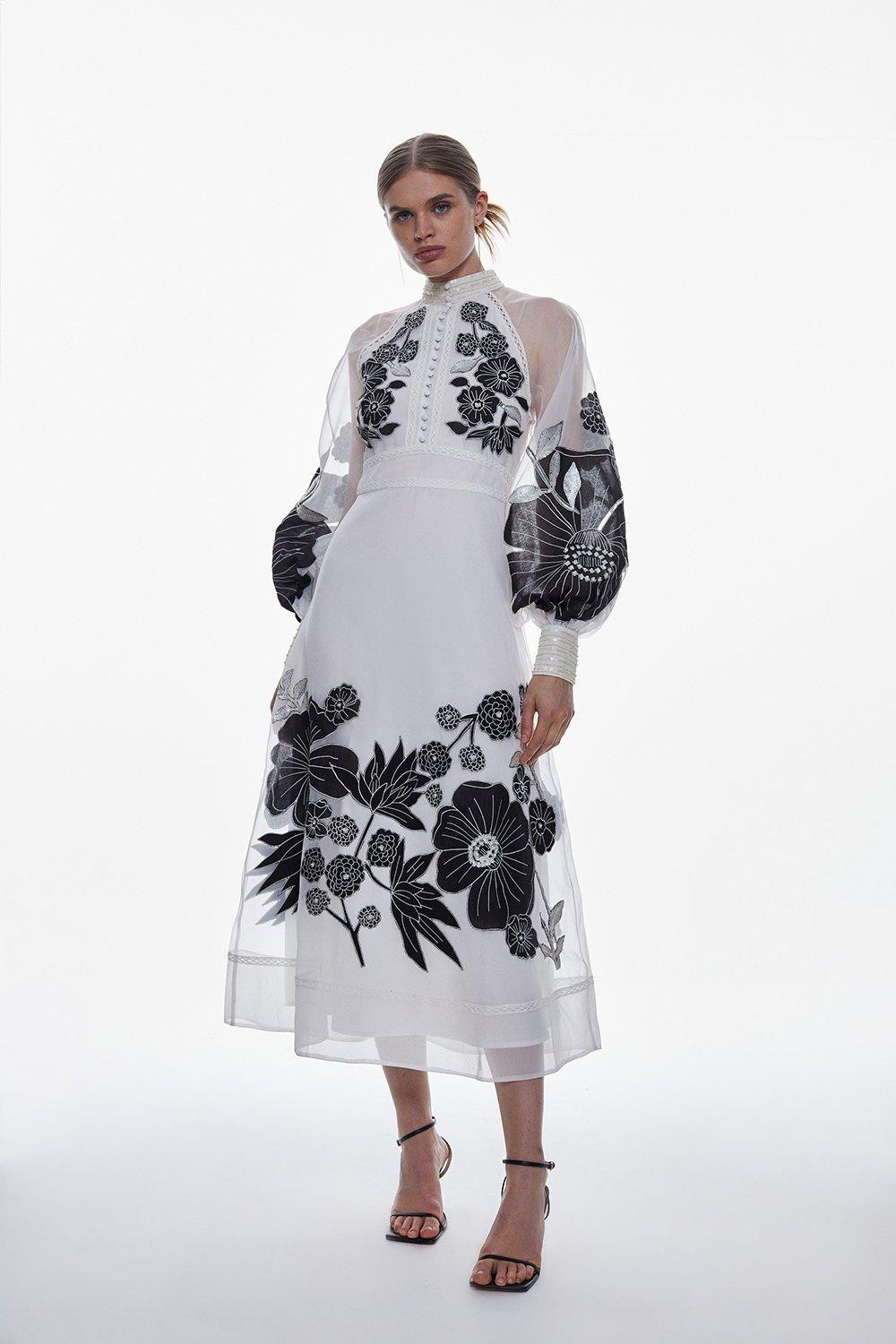 Organdie Applique Buttoned Woven Midi Dress | Karen Millen US