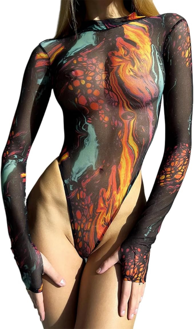 JUMISEE Women’s Long Sleeve Tie Dye Sheer Mesh Bodysuit Sexy Mock Neck Teddy Lingerie Thong Leo... | Amazon (US)