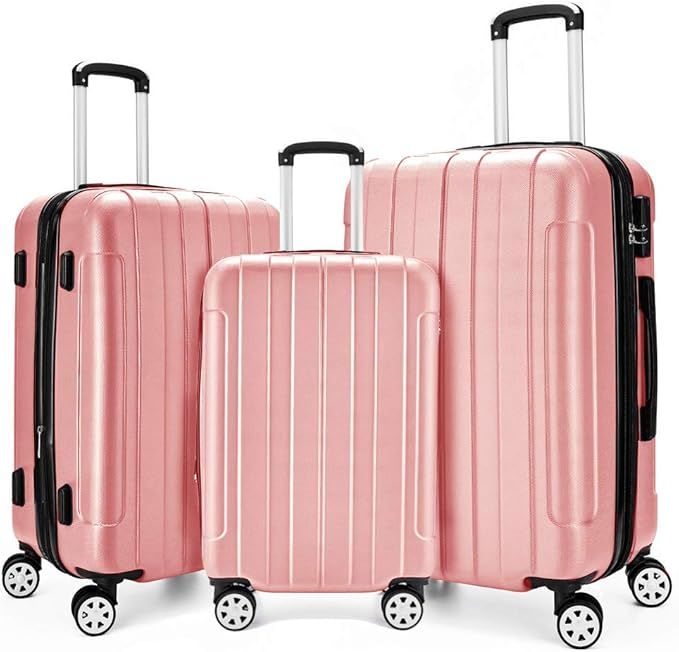 Fochier 3 Piece Expandable Spinner Luggage Set Hard Shell Lightweight Suitcase Rose Gold | Amazon (US)