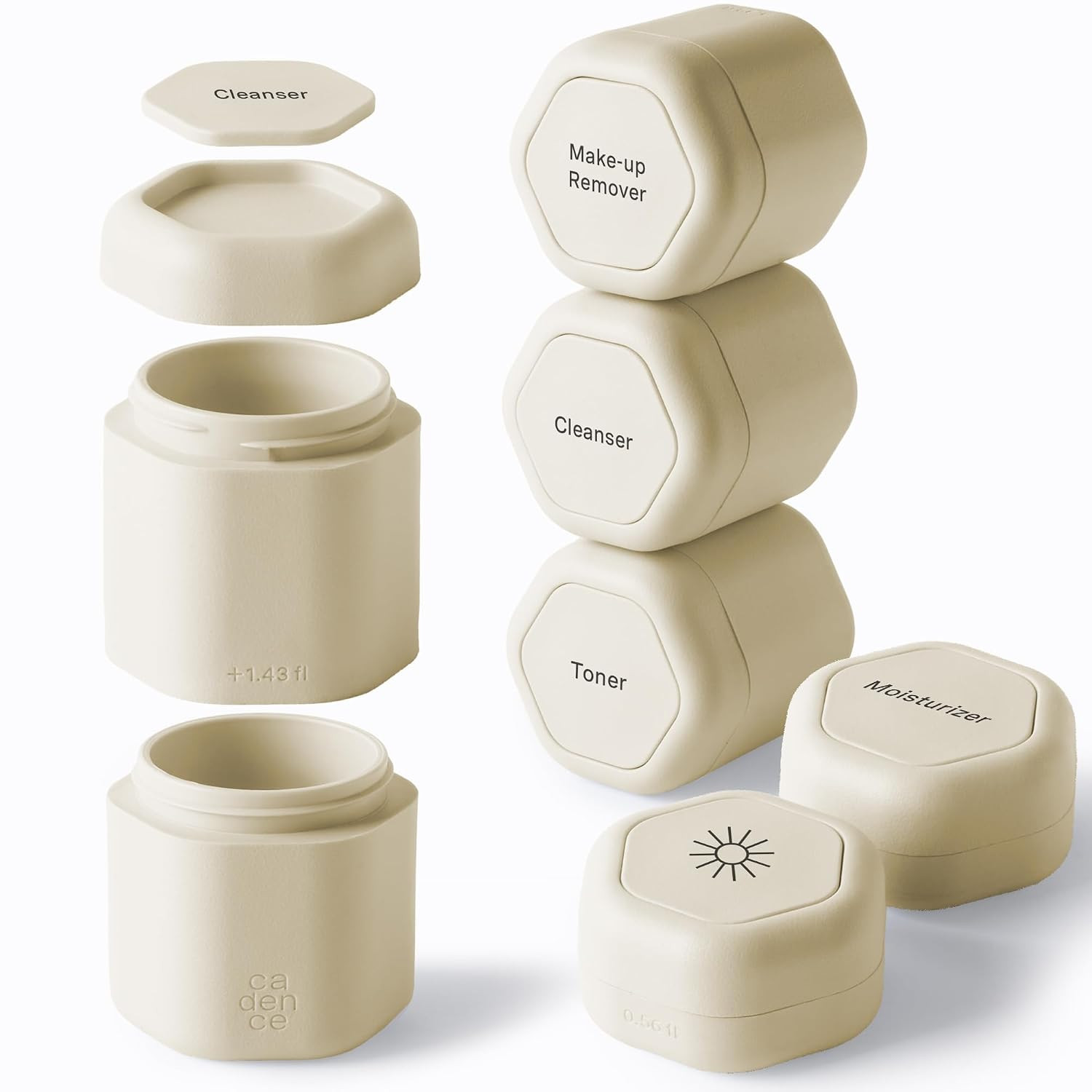 Cadence Capsules - Full Skincare Set, Sand - Six Containers with Magnetic Lids - 100% Leak Proof & TSA Approved for Travel and Carry On, 2 Small (0.56oz), 4 Medium (1.32oz) & Extender (1.43oz) | Amazon (US)