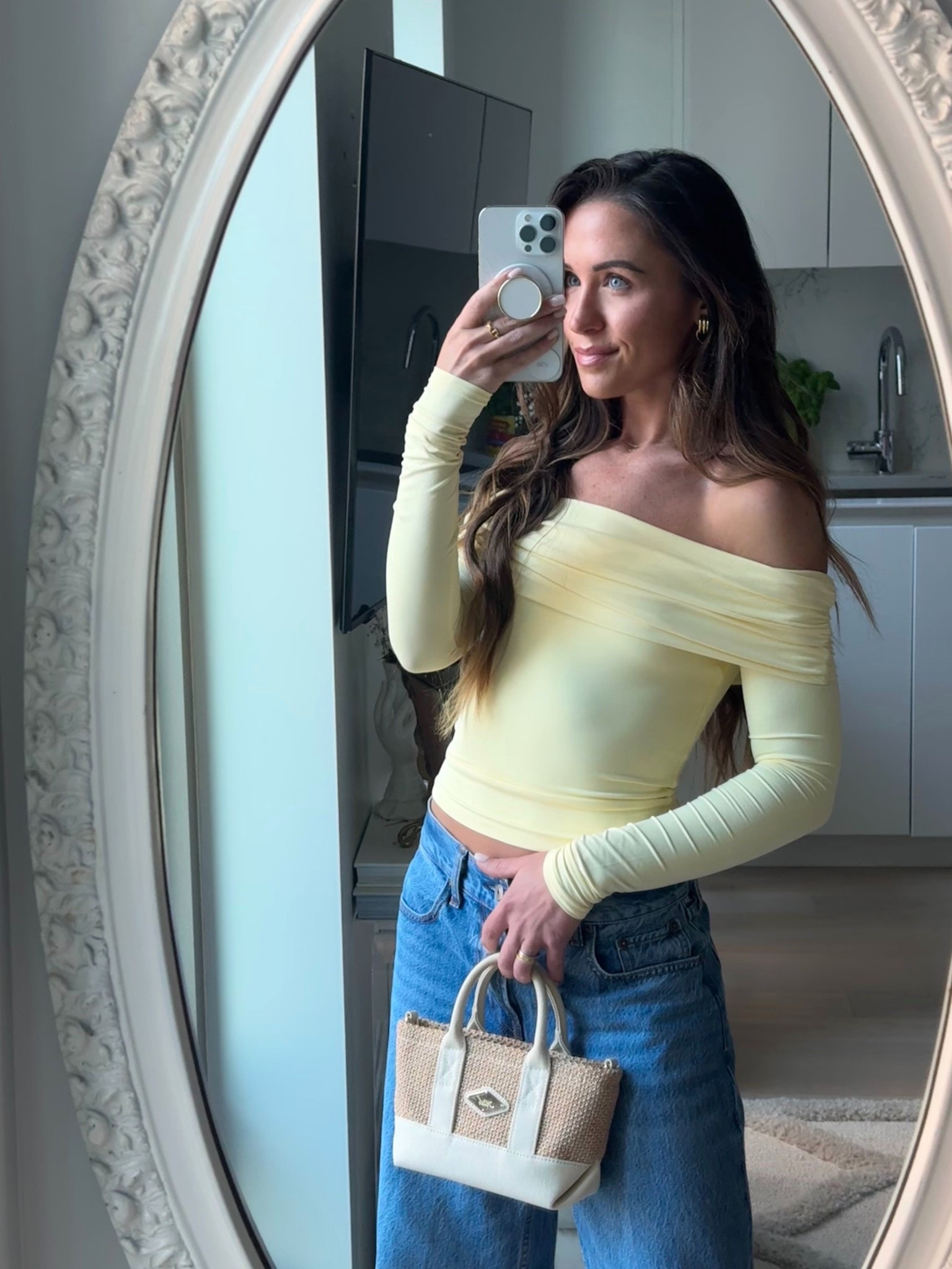 summer outfit 🌻
this yellow off the shoulder top from meshki is SO GOOD- wearing an XS
of course paired it with a rattan mini bag and my favorite low rise loose jeans from abercrombie

#LTKShoeCrush #LTKSummerEdit