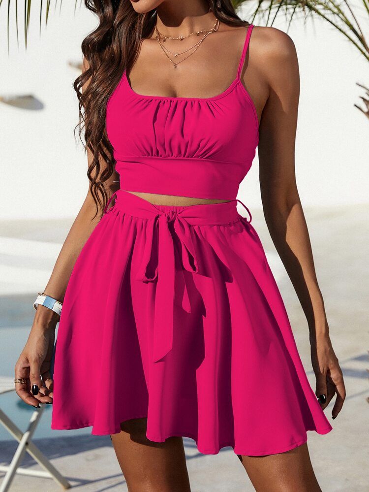 Ruched Bust Cami Top & Belted Skirt Set | SHEIN