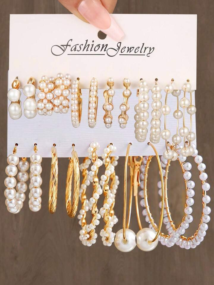 12pairs/Set Fashionable Vintage Delicate Faux Pearl & Twisted Hoop Earrings For Festival, Party, ... | SHEIN