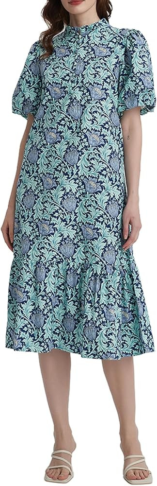 Summer Floral Midi Dress for Women Puff Short Sleeve Button Down V Neck Pretty Garden Boho Dresse... | Amazon (US)