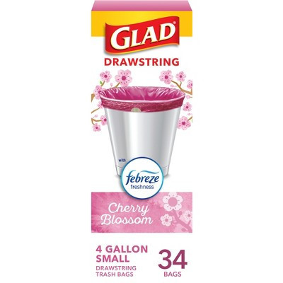Glad Small Drawstring Trash Bags - Cherry Blossom - 34ct/4gal: Fresh Scented Plastic Bags with Gripping Drawstring | Target