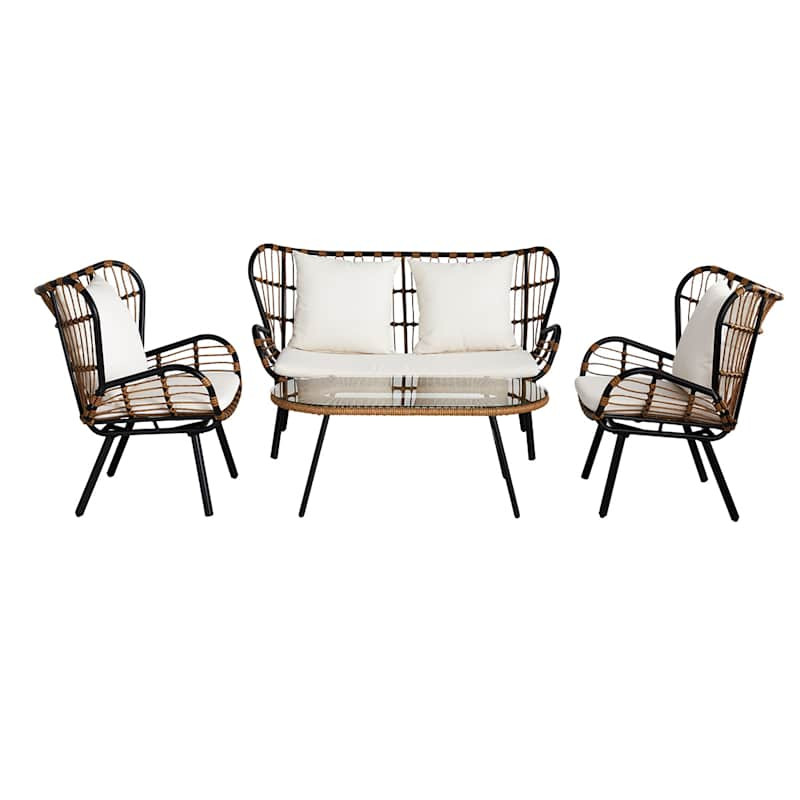 Mila 4-Piece Seating Set Black & Tan with Natural Canvas Cushions | At Home