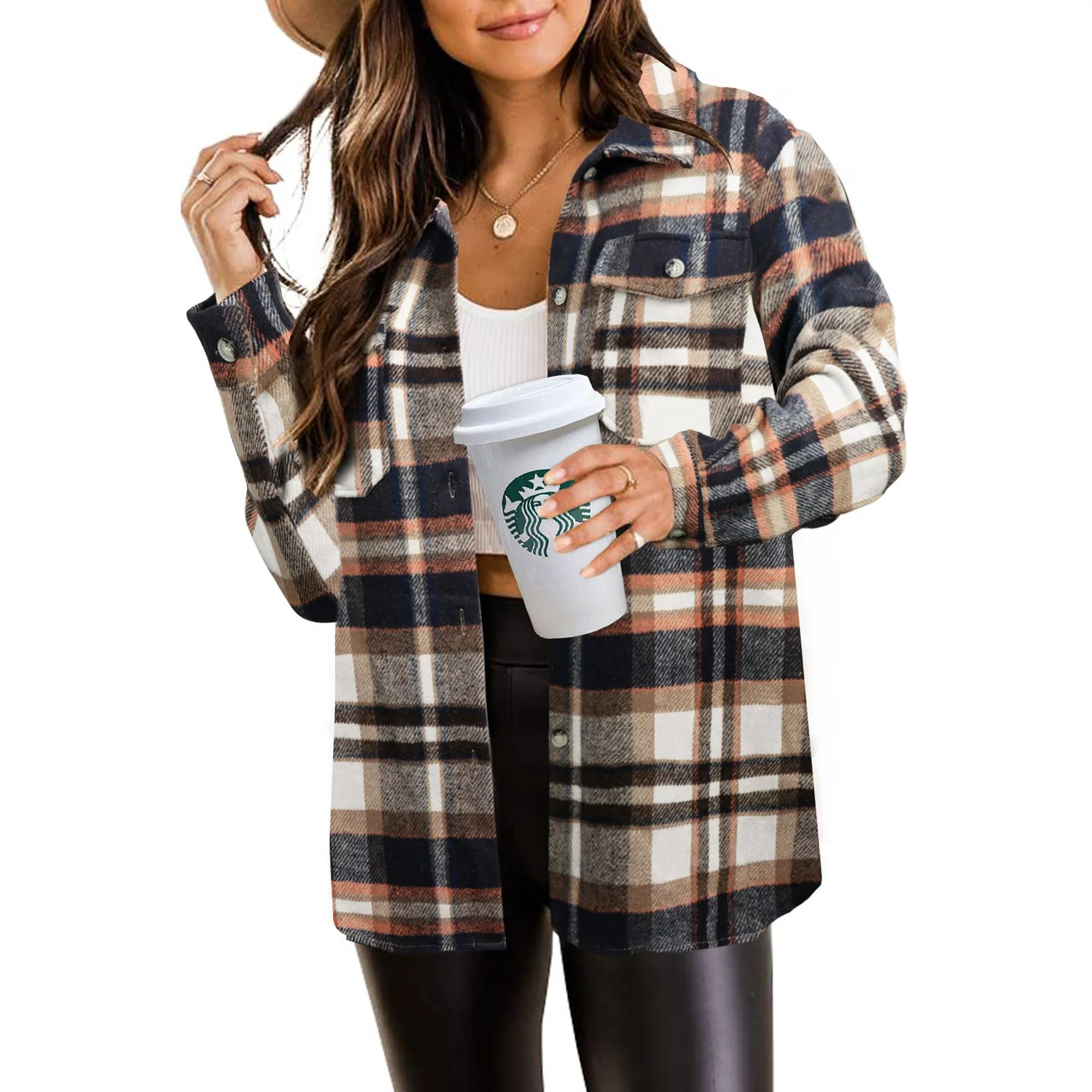 MOSHU Womens Flannel Shirts Button Down Shacket Jacket Plaid Shirts for Women Blouses Coats | Walmart (US)