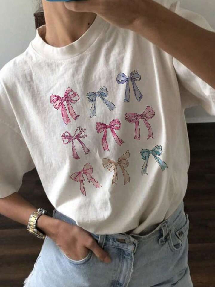 SHEIN Essnce Summer Butterfly Print Round Neck Top With Bow Detail | SHEIN USA | SHEIN