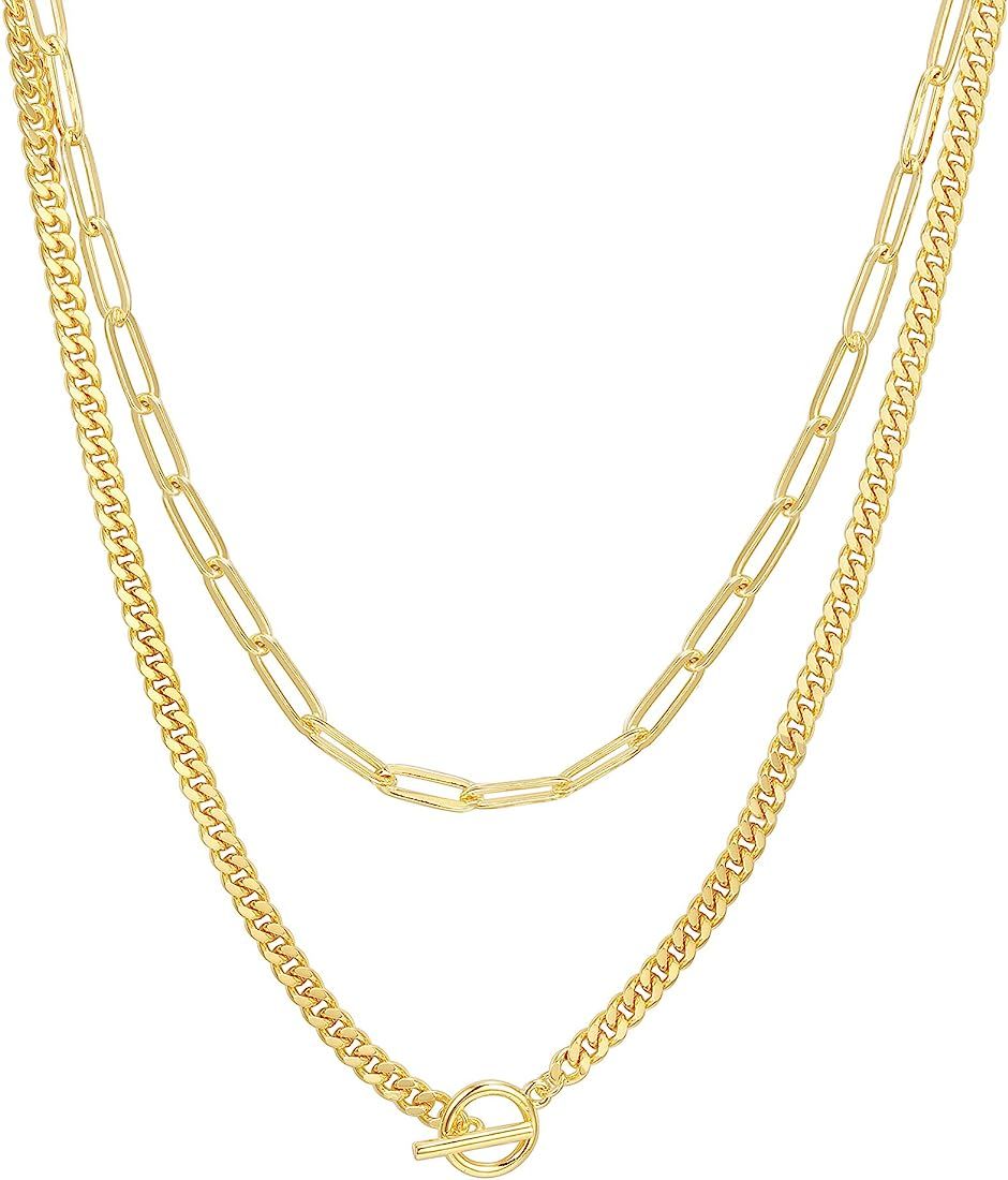 PAVOI 14K Gold Plated Jewelry For Women | 15”+16.5”+3” Extender Yellow Gold Double Chain Lo... | Amazon (US)