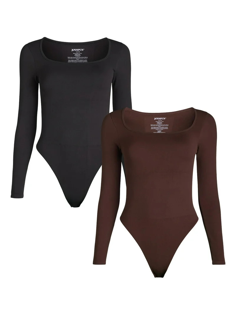 Joyspun Women's Seamless Slimming Square Neck Bodysuit with Long-Sleeves, 2-Pack, Sizes S-3XL | Walmart (US)