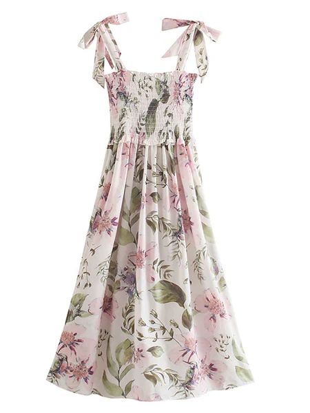 'Rosie' Floral Tied Strap Ruched Maxi Dress | Goodnight Macaroon