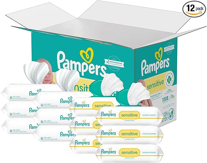 Pampers Sensitive Baby Wipes, Water Based, Hypoallergenic and Unscented, 8 Flip-Top Packs, 4 Refi... | Amazon (US)