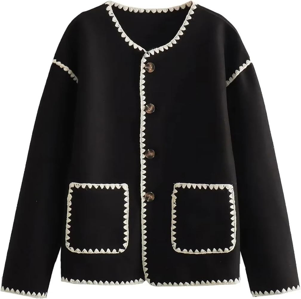 ROJZR Womens Wool Blend Jackets Casual Contrast Color Button Down Wool Coats with Pockets | Amazon (US)