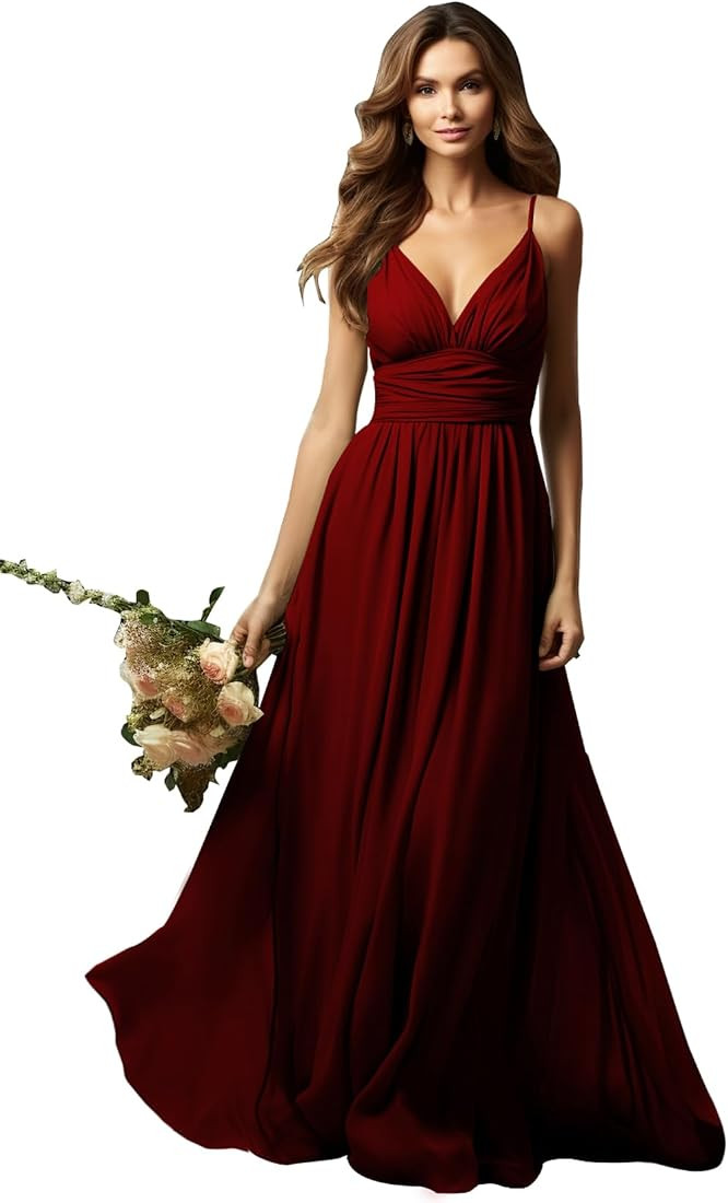KBWOV Chiffon Bridesmaid Dresses Long for Women Spaghetti Straps Formal Dresses for Wedding Guest | Amazon (US)