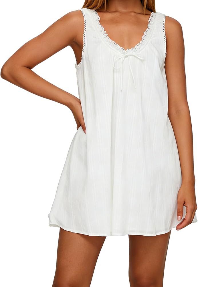 Womens Babydoll Tank Dress V Neck Swing Mini Dress Lace Trim Low Back Cute Summer Short Sundress | Amazon (US)