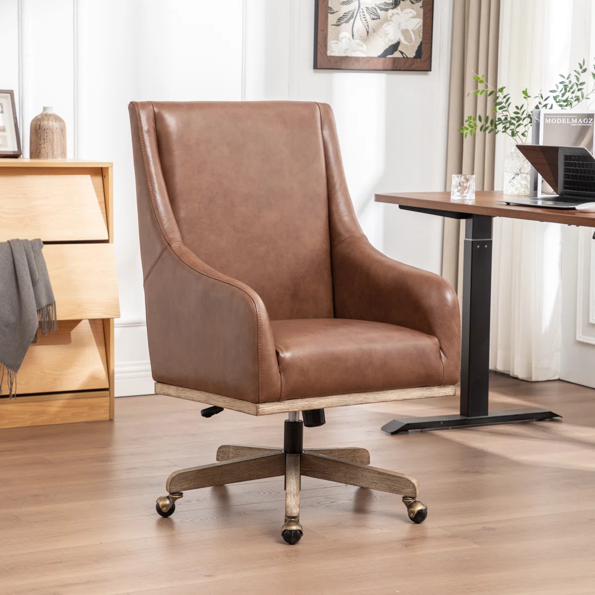 Jamestown Genuine Leather Office Chair With Solid Wood Legs | Wayfair North America