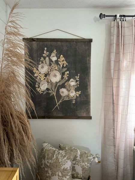 Modern Cottage Living Room Decor wall art | floral | curtains | pillows 