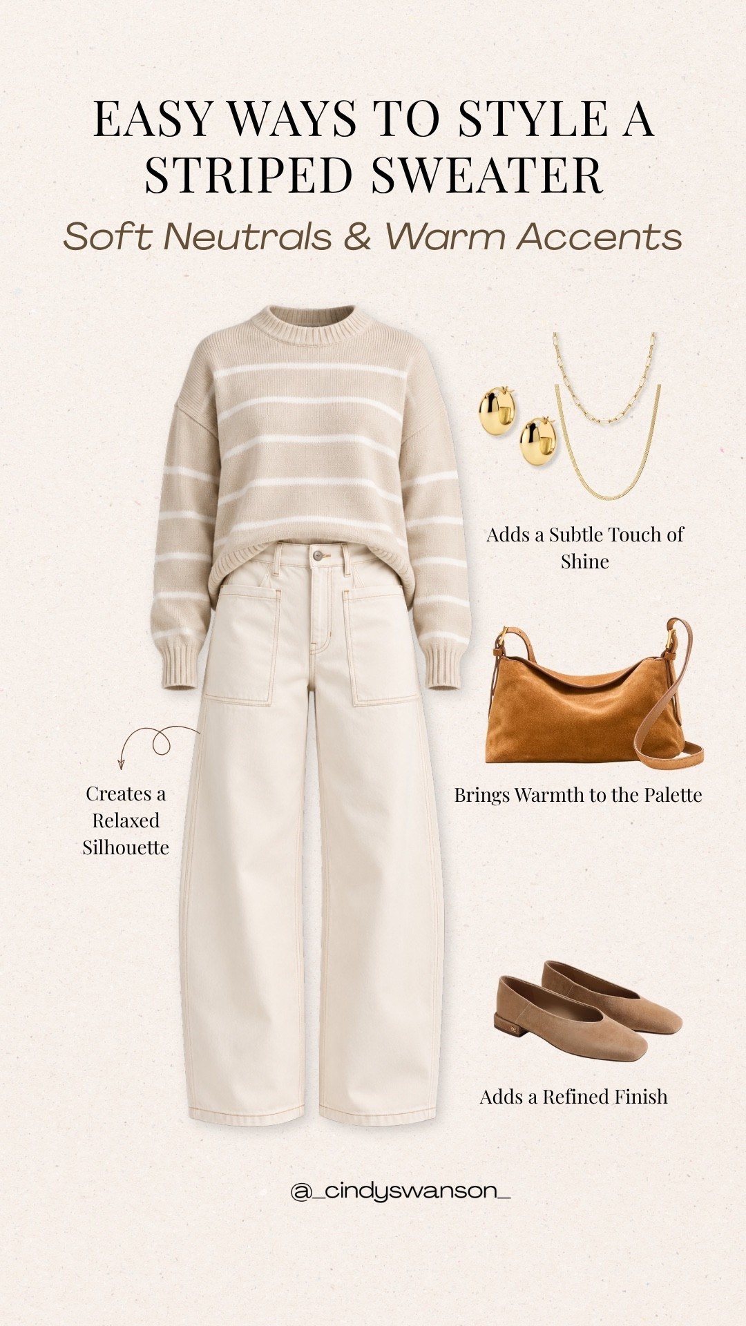 A neutral striped sweater paired with ivory wide-leg jeans is such an easy way to create a timeless, polished look. I love how the warm cognac bag and taupe flats add just the right amount of warmth to this classic outfit. Perfect for everyday wear, lunch, or a casual day out.

#LTKootd #LTKgrwm #LTKOver40