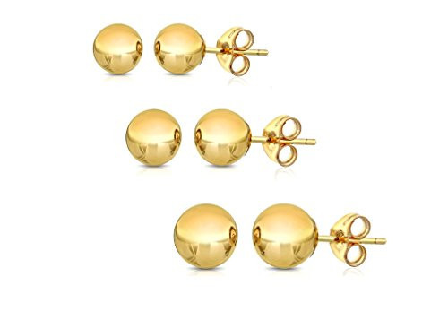 PORI JEWELERS 14K Solid Gold Ball Stud Earrings (3-Pair-Pack) 3MM 4MM and 5MM… Choose a Color (Yellow) | Amazon (US)