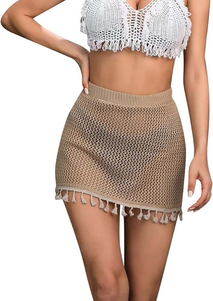 MakeMeChic Women's Crochet Cover Up Skirt Tassel Knitted Mini Beach Cover Up | Amazon (US)