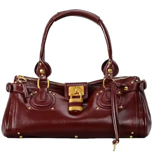 louceko Women PU Leather Vintage Y2K Lock East West Bag Top Handle Handbag Retro Studded Underarm Shoulder Satchel Purse, Burgundy, LCK2602A | Amazon (US)