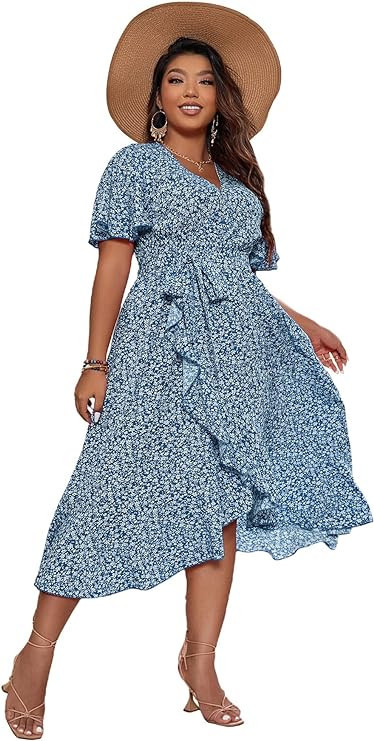 Floerns Women's Plus Size Boho Flutter Short Sleeve Ruffle Hem A Line Midi Dress | Amazon (US)