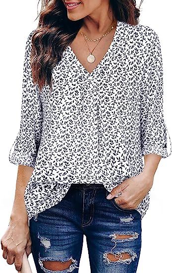Youtalia Womens 3/4 Cuffed Sleeve Chiffon Printed V Neck Casual Blouse Shirt Tops | Amazon (US)