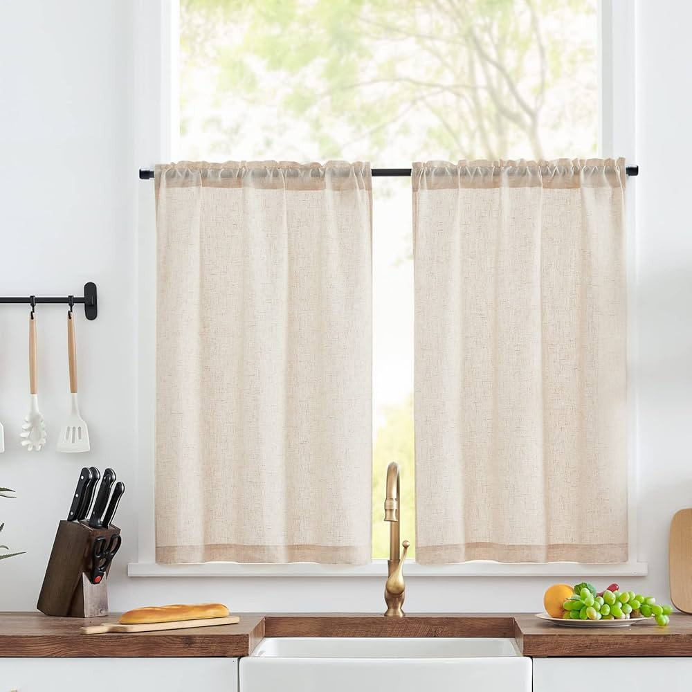 jinchan Beige Kitchen Curtains Linen Tier Curtains 45 Inch Farmhouse Cafe Curtains Light Filterin... | Amazon (US)
