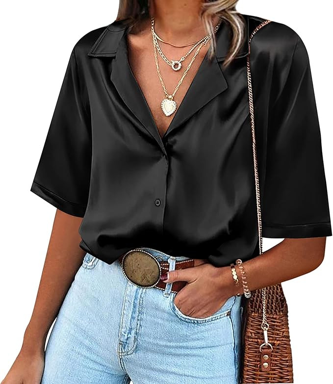 Chigant Women's Short Sleeve Satin Blouse Button Down Tops Casual Office Work Shirt S-XXL | Amazon (US)