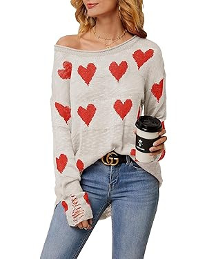 Chang Yun Women Off Shoulder Knitted Pullovers Sweater Loose Long Sleeve Hearts Printed Ripped To... | Amazon (US)