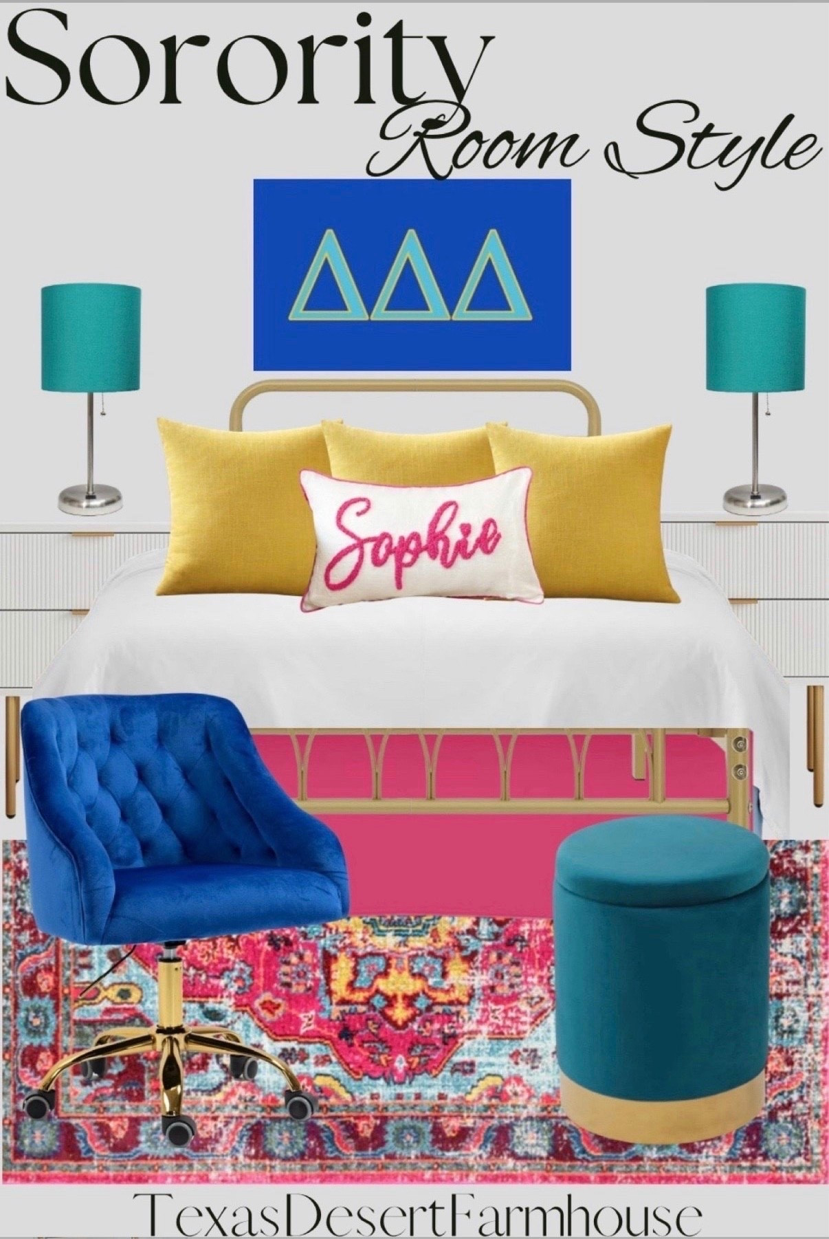 Tri Delta Sorority Bedroom Style & Inspiration

#dorm #collegedorm #sorority #collegedorm #dormstylw #apartmentstyle #colorfuldecor #bedskirt #tridelta #sororityflag #goldbedframe #teallamp #multicolorrug #arearug

Nestl Hot Pink Twin Bed Skirt - Twin Size Bed Skirt 14 Inch Drop - Brushed Microfiber Bed Skirts - Hotel Quality Pleated Bed Skirt - Shrinkage & Fade Resistant

Fuschia Mosaic Medallion 5' 3" x 7' 7" Area Rug
Simple Designs LT2044-TEL Brushed Steel Stick Table Desk Lamp with USB Charging Port and Drum Fabric Shade, Teal Shade

Personalized Baby Name Pillow Cover, Punch Needle Name Pillow, Nursery Gift, Kids Room Decor, Dorm Décor, Sleepover Party Favor

MIULEE Pack of 2 Couch Throw Pillow Covers 18x18 Inch Soft Yellow Chenille Pillow Covers for Sofa Living Room Solid Dyed Pillow Cases

ZOBIDO Comfy Home Office Task Chair with Wheels, Cute Modern Upholstered Velvet Seashell Back Adjustable Swivel Vanity Desk Chair, for Women, for Girls, Living Room(Royal Blue)

Mxfurhawa Velvet 23Qt Storage Ottoman Multipurpose Footrest Stool with Metal Base Modern Round Vanity Stool Chair Ottoman Foot Stools Support 300lbs Padded Seat for Living Room & Bedroom (Teal)
#LTKBacktoSchool #LTKSummerEdit #LTKStyleTip

#LTKU #LTKHome #LTKSeasonal