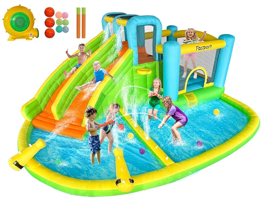 FBSPORT Inflatable Bounce House Double Slide, Water Slide Park Bouncer Castle with Water Gun, Cli... | Amazon (US)