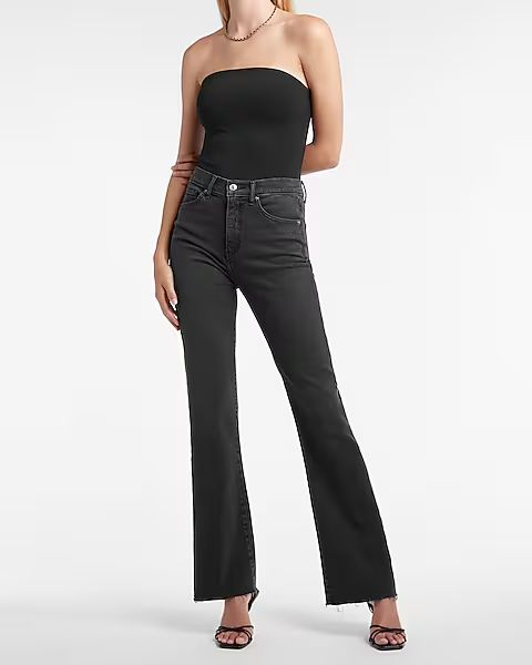 High Waisted Black Raw Hem Bootcut Jeans | Express