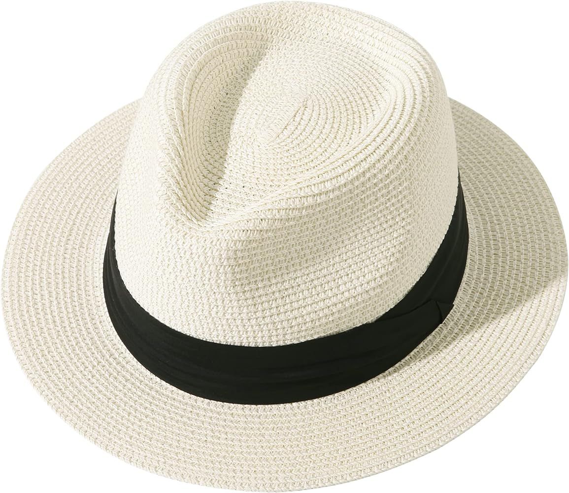 Lanzom Men Women Straw Sun Hat Short Brim Panama Fedora Beach Sun Hat Vacation Packable Roll Up S... | Amazon (US)
