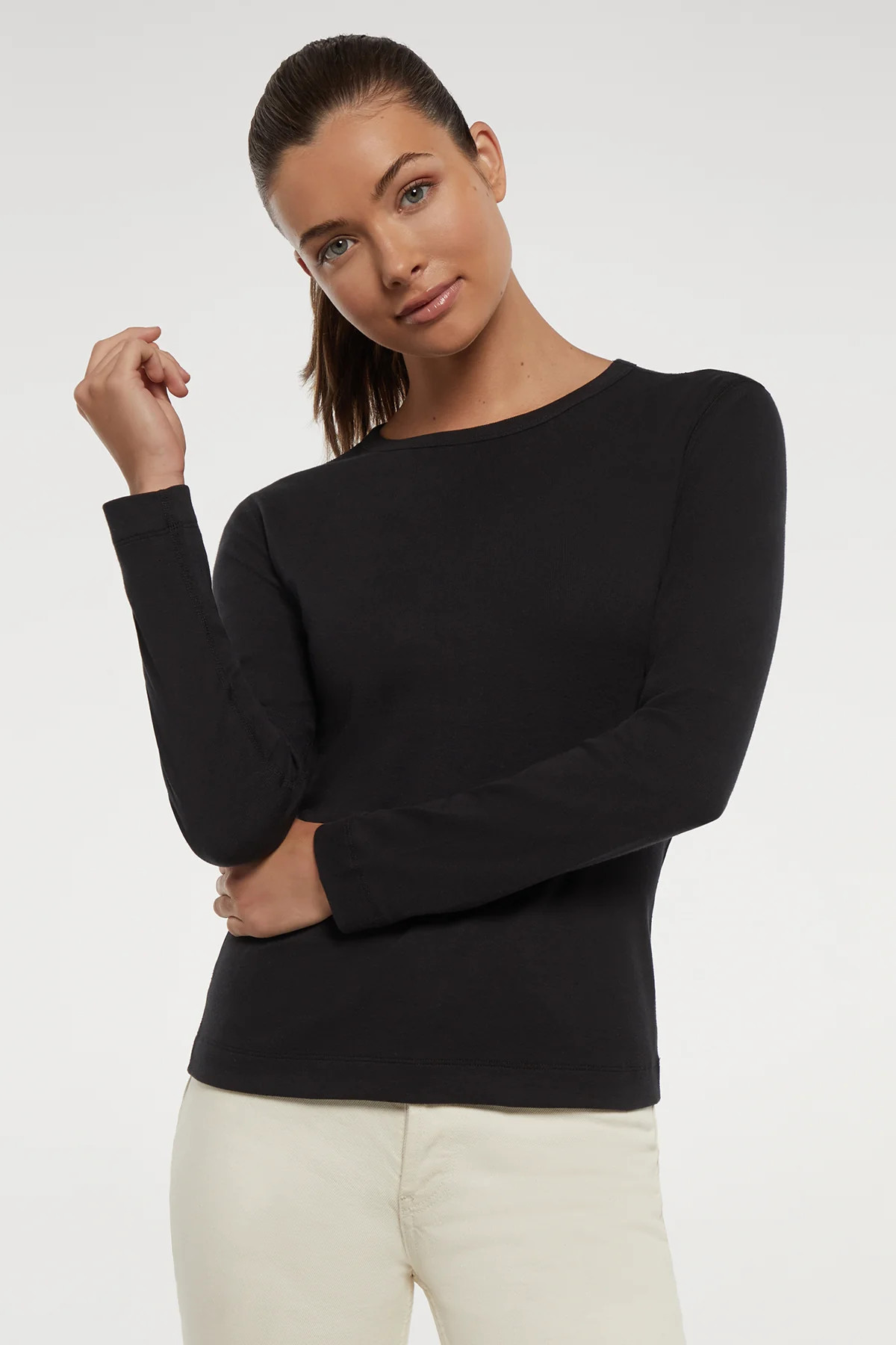 Ribbed Crew-Neck Long Sleeve Tee | Black | Three Dots