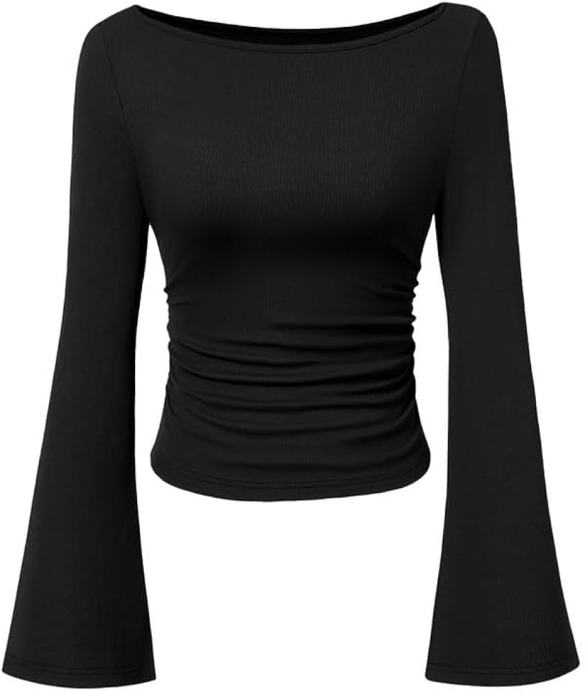 Langarmshirt Damen Elegant Bootsausschnitt Strickoberteile mit Glocken\u00e4rmeln Eng Y2K Top Bas... | Amazon (DE)