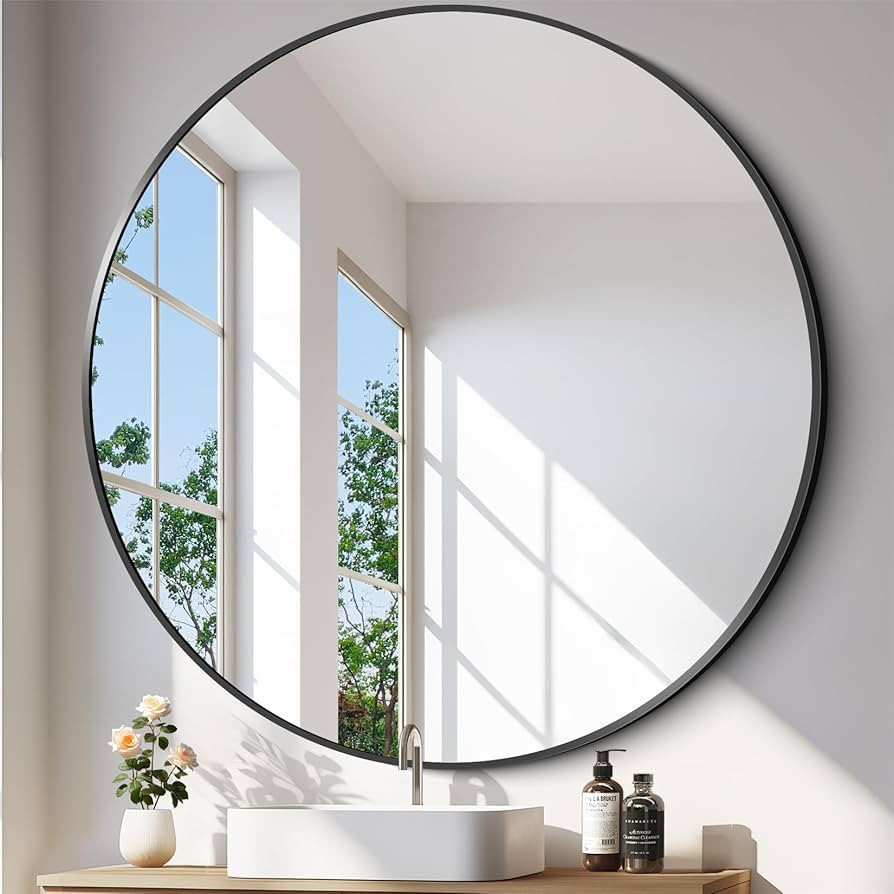 Black Round Mirror 48 inch HD Circle Mirror, Aluminum Alloy Metal Frame Bathroom Mirror, Round Wa... | Amazon (US)