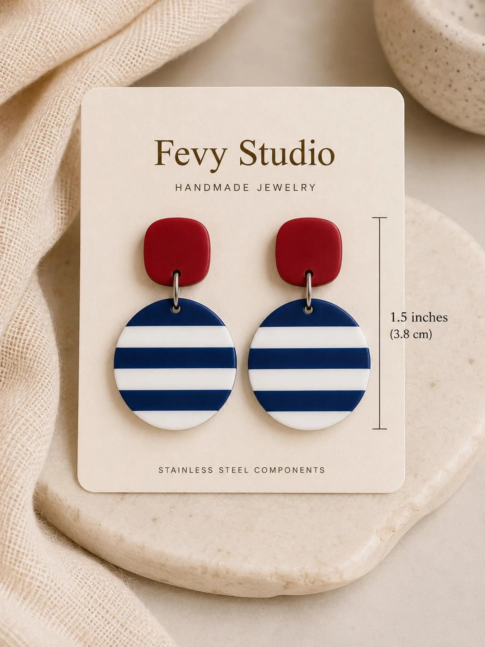 Nautical Stripe Polymer Clay Earrings, Navy Red Coastal Statement Jewelry | Etsy (Global)
