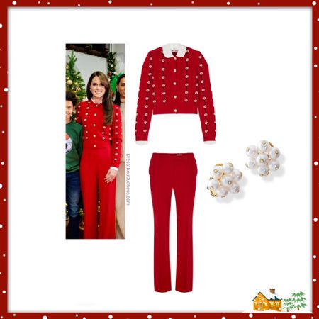 Kate Middleton holiday outfit - Miu Miu sweater, Alexander McQueen pants in Welsh red, Cassandra Goad pearl earrings 