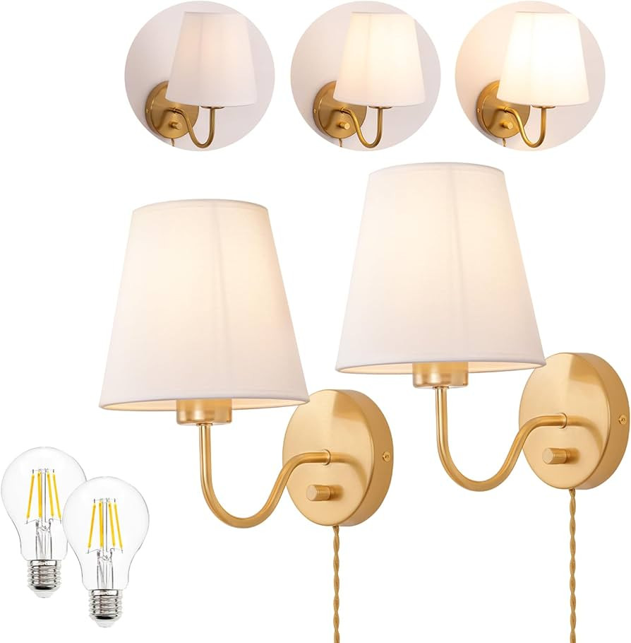 Adust Plug in Wall Sconces Set of Two with Plug in Cord Dimmable LED Bulbs, Brass Wall Sconces An... | Amazon (US)