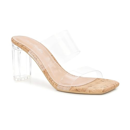 Shion ShaaYii Clear Heels for Women Transparent Rhinestone Strap Block Chunky Square Heel Sandals Open Toe Slip On Sandals (Cork, Adult, Women, 9, Numeric, US Footwear Size System, Medium) | Amazon (US)