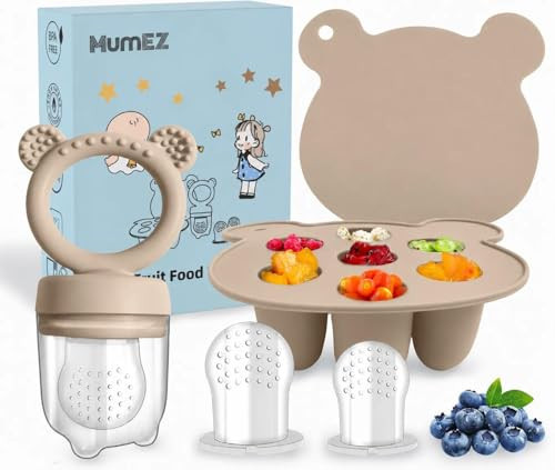 MumEZ Baby Fruit Feeder Pacifier – Silicone Weaning Set with Freezer Tray, Self-Feeding Food Dummy, Grey | Amazon (UK)