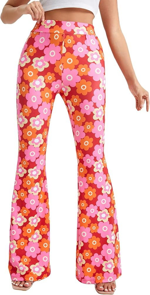 Romwe Women's Bootcut High Waisted Yoga Pants Sunflower Print Wide Leg Pants Trousers | Amazon (US)