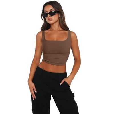 Zeagoo Women's Cropped Tank Tops Summer Square Neck Double Layer Slim Fitted Y2K Crop Top-Brown-m | Target