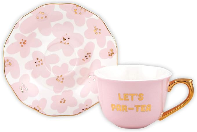 Slant Collections Creative Brands Ceramic Tea Cup and Saucer Set, 5-Ounce, Let's Par-Tea | Amazon (US)