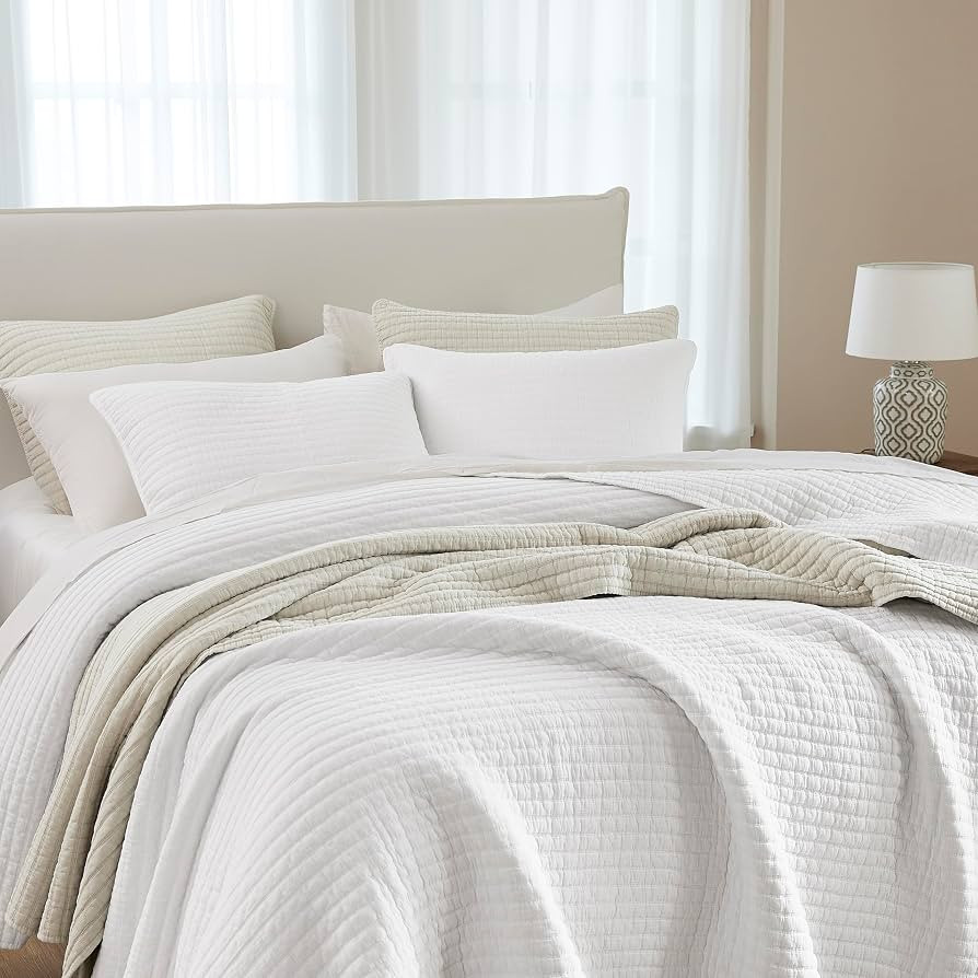 WDCOZY White Queen Size Quilt Set, Muslin Cotton Shell Down-Alt Poly Filling, Shabby Chic Rustic ... | Amazon (US)