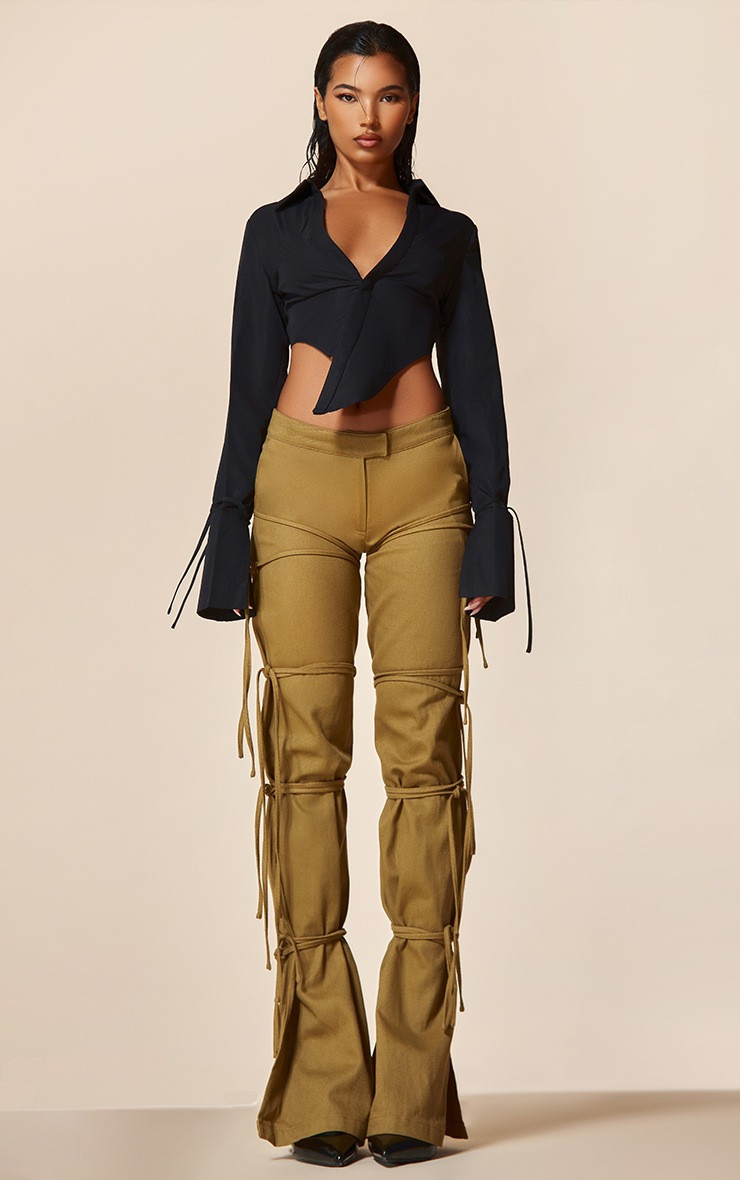 PLT Label Olive Low Rise Tie Detail Trousers | PrettyLittleThing UK