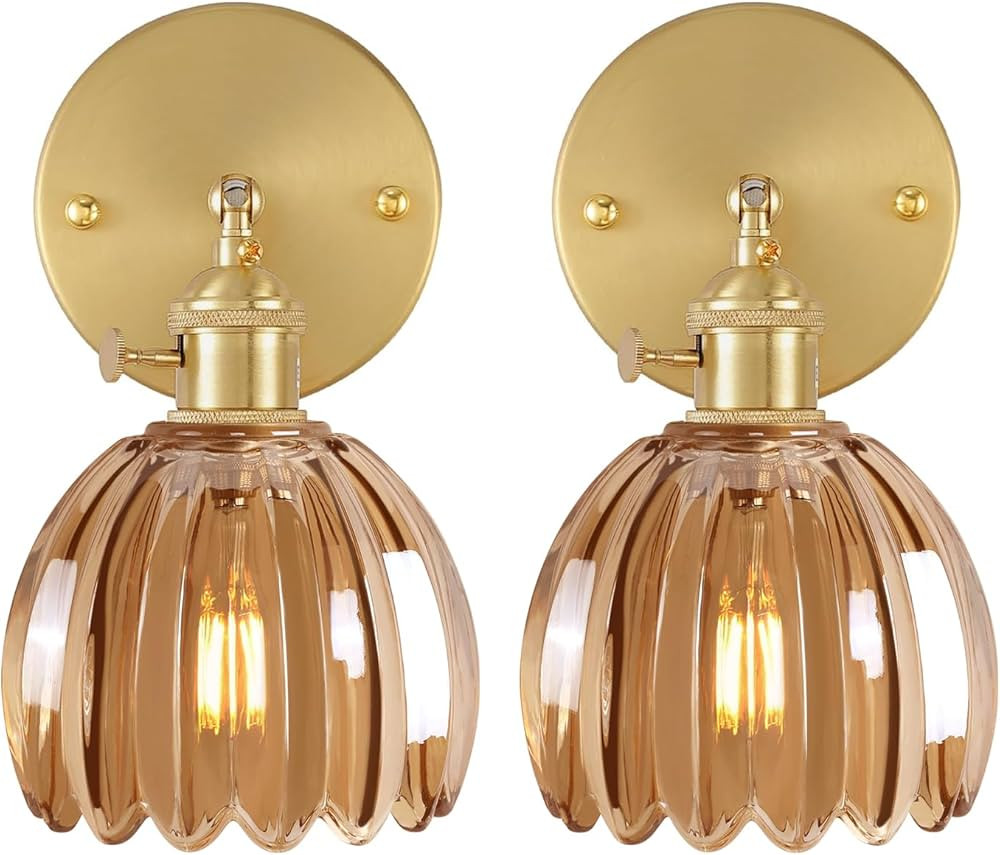 Vintage Wall Sconces Set of 2 with Amber Tulip Glass Lampshade 180 Degree Adjustable Brass Sconce... | Amazon (US)